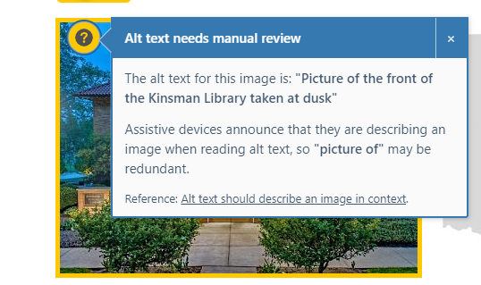 Screenshot of a11y module in action, showing an improper alt attribute