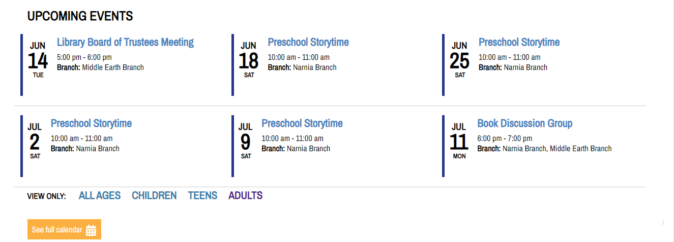 Horizontal upcoming events display